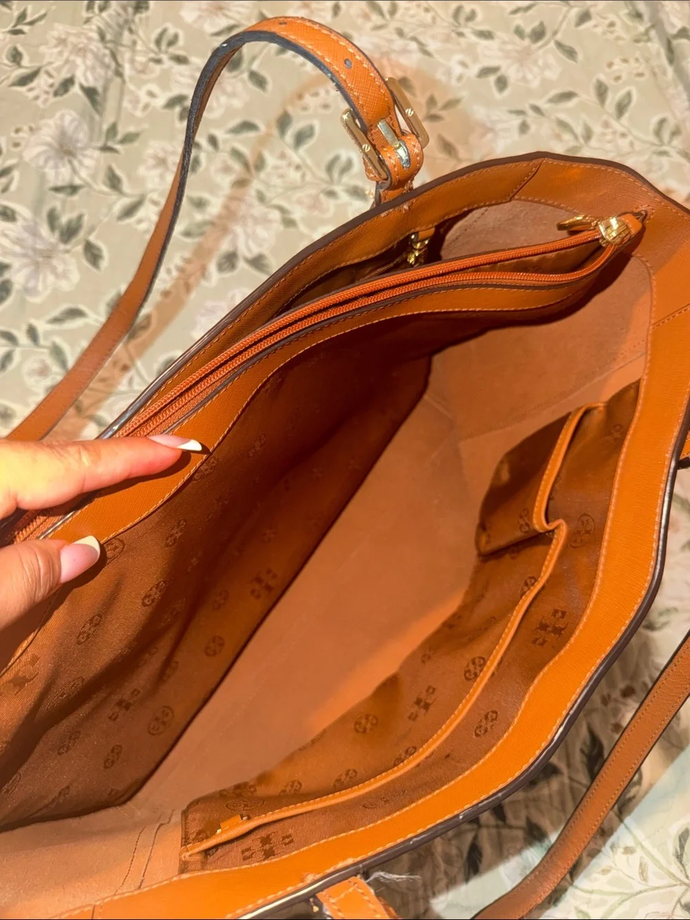 Tory Burch Cognac Leather Tote with Gold Logo